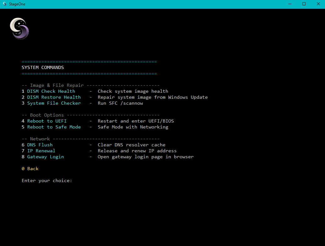 StageOne system commands